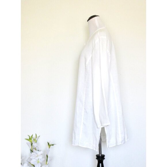 Saks Fifth Avenue 100% Linen Button Front Tunic Blouse Long Sleeve White SZ M - Picture 2 of 5